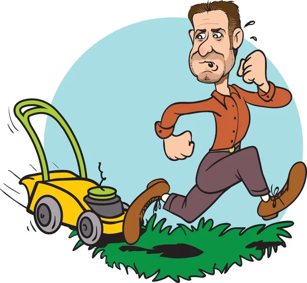 Vector Illustration Funny Gardener Running Away Crazy Grass Cutter — Stock Vector