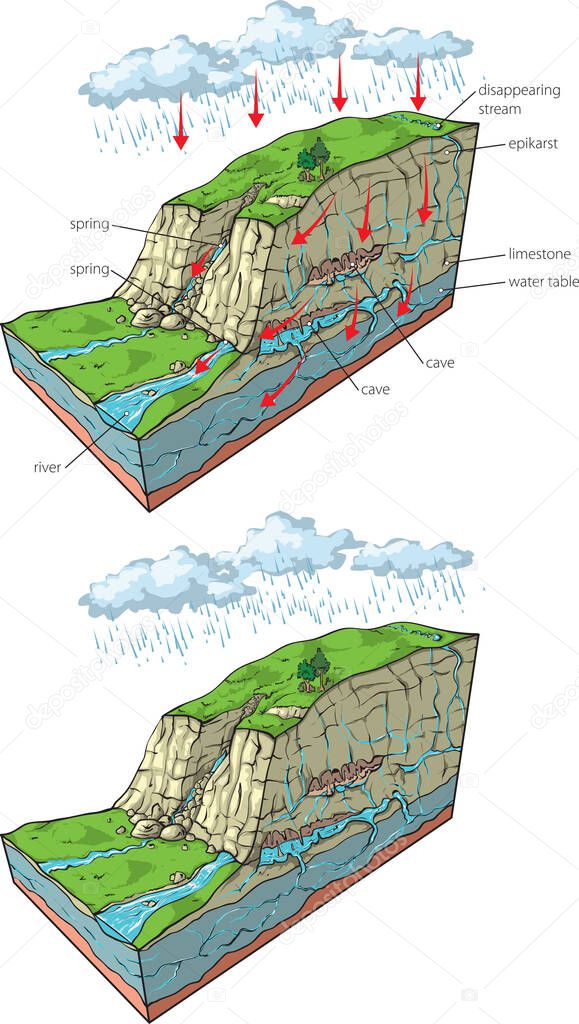 Vector illustration of hydrogeology in karst relief - section.