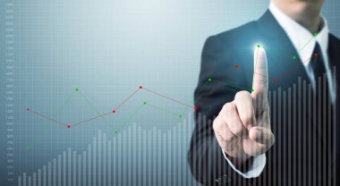 İşadamı el dokunma noktası grafik büyüme veya iş grafiği artırmak, Gelir ve kalkınma kavramı büyüme