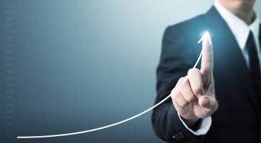 İşadamı el dokunma noktası grafik büyüme veya iş grafiği artırmak, Gelir ve kalkınma kavramı büyüme