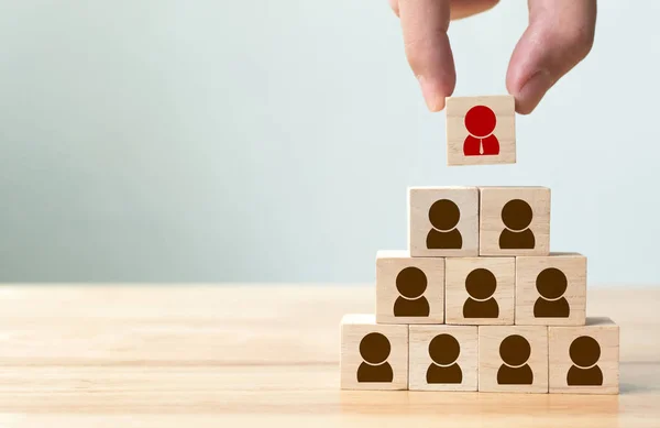 Gestión de recursos humanos y reclutamiento concepto de negocio, Puesta a mano bloque de madera cubo en la pirámide superior, Espacio de copia — Foto de Stock