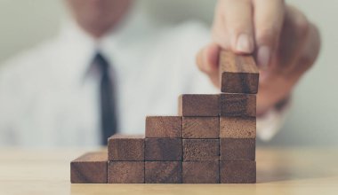 Tahta blokları merdiven gibi diziyorum. Ticari büyüme süreci için merdiven kariyer yolu kavramı, alanı kopyala