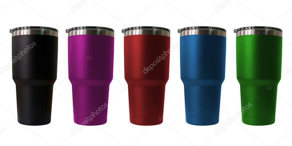 Stainless steel travel tumbler colour black, pink, blue, red and green, Size portable isolated on white background, Clipping path included