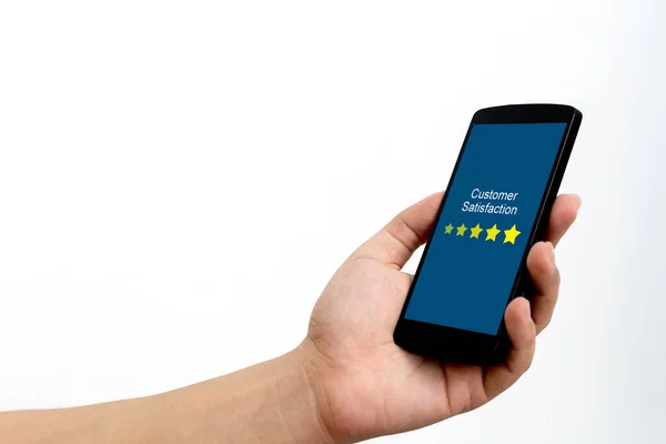 客户评审评级业务概念 人工使用手机 — 图库照片