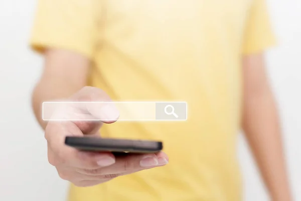 Man using smartphones to find what they are interested in. Searching information data on internet networking concept