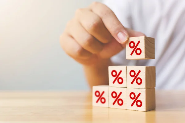 Interest Rate Financial Mortgage Rates Concept Hand Putting Wood Cube — Stock Photo, Image