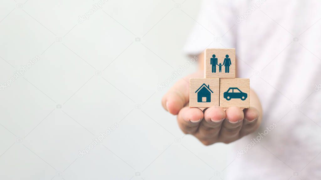 Concept of health, life, accident and travel insurance with icon healthcare, house, family, car and investment