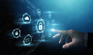 Güvenlik ağı güvenlik bilgisayarı ve veri konseptinizi güvene alın. İsimsiz bir hacker tarafından dijital suç