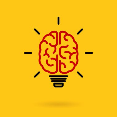 Olağanüstü yaratıcı fikir, ilham, beyin fırtınası ve hayal gücü gelişimi. İnsan beyni simgesine sahip ampul eğitim öğrenme anlamına geliyor. Vektör illüstrasyonu