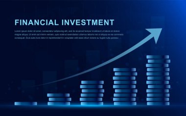 Finans teknolojisi (Fintech) yatırım gelecekteki konsepti. Madeni paralar yükseliyor, yani büyüme ve para değeri artıyor. Vektör illüstrasyonu