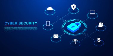 Siber güvenlik ağını korumak ve veri konseptini güvene almak. İsimsiz bir hackerdan dijital suç. Vektör illüstrasyonu