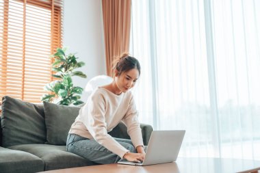Genç Asyalı güzel bir kadın rahat koltukta dinleniyor, evinde dizüstü bilgisayar kullanıyor, sosyal ağda arkadaşlarıyla sohbet eden mutlu bir kız, haftasonunu, film izleyerek, online alışveriş yaparak geçiriyor.