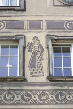 Uzun Market Street, tipik Ortaçağ kiralık evler, dekoratif cephe, Royal Route, Gdansk, Polonya.