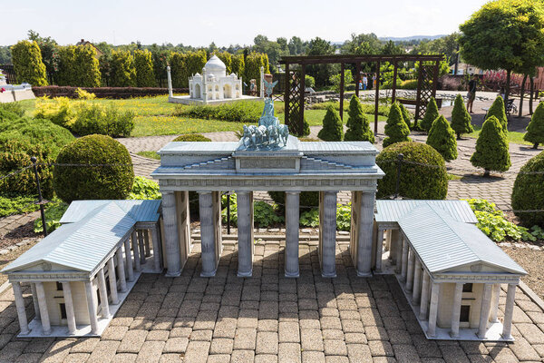 INWALD, POLAND - AUGUST 12, 2018 : Miniature Park "Dream world", small replica of 18th century Brandenburg Gate ( Berlin, Germany) in 1:25 scale