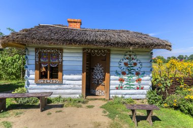 Zalipie, Polonya - 3 Ağustos 2018: Boyalı eski ahşap yazlık bir el boyalı renkli çiçek motifleri, halk ile dekore edilmiş