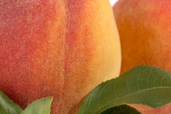 Two Fruits Peach Close Green Leaves — Stock Photo, Image