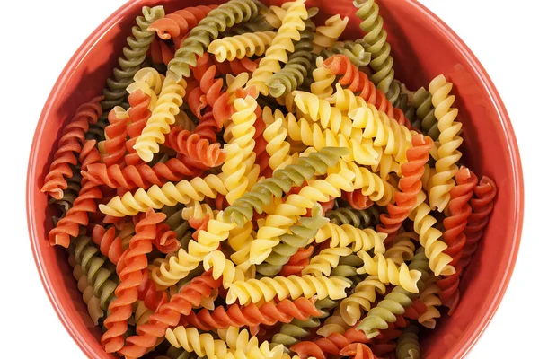 Spiraal Gekleurde Pasta Orange Bowl Witte Achtergrond — Stockfoto