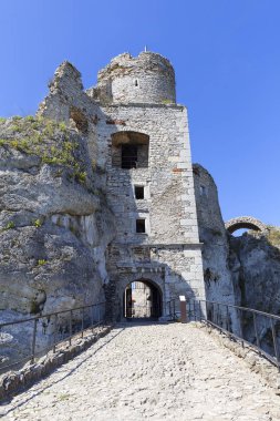 Ortaçağ kalesi, Ogrodzieniec Kalesi, Podzamcze, Polonya. Şato 14. yüzyılda inşa edilen 515.5 metre yüksekliğindeki Castle Dağı 'nda yer almaktadır.