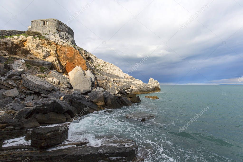 View on Byron Grotto in the Bay of Poets, Portovenere, Italian Riviera, Italy