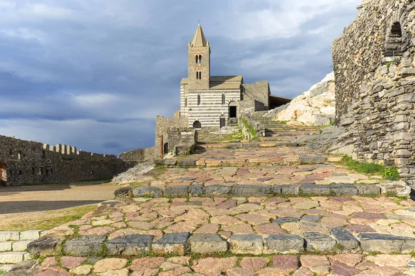 Gothic church of St. Peter, 12th century building on the stone hill, Porto Venere, Cinque Terre; Italy Royalty Free Stock Images