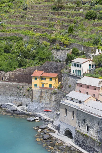 Küçük bir köy, Vernazza, Cinque Terre, İtalya'da sahil ve tipik renkli evlerin manzarası — Stok fotoğraf