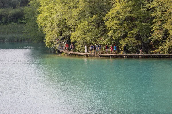 Εθνικό Πάρκο λιμνών Πλίτβιτσε, άνθρωποι σε ξύλινο μονοπάτι, Κροατία — Φωτογραφία Αρχείου