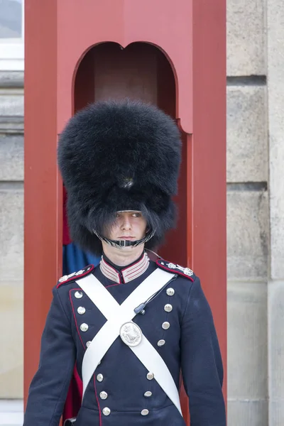 Strażnik w historycznych mundurkach i nosi futrzane kapelusze przed pałacem Amalienborg, Kopenhaga, Dania — Zdjęcie stockowe