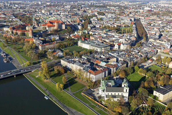 Aerial balloon view of the city, Wawel Royal Castle, Skalka Monastery, Vistula River and Grunwald Bridge, Krakow, Poland — Stock Photo, Image