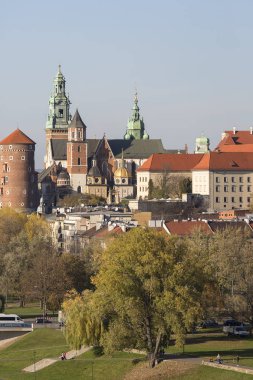 Şehrin balon manzarası, Wawel Katedrali, Krakow, Polonya ile Wawel Kraliyet Kalesi