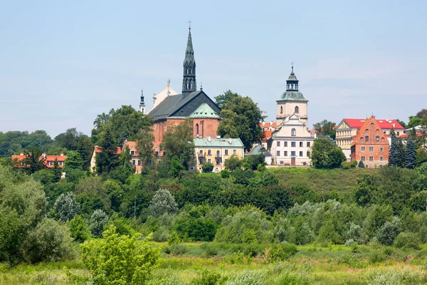 Sandomierz, Polonya - 10 Temmuz 2020: Vistula nehri kıyısından Sandomierz Katedrali ve çan kulesinin manzarası
