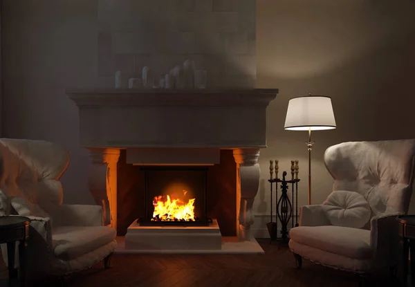 3d fireplace Lamp and chairs near a fireplace — Stock Photo, Image
