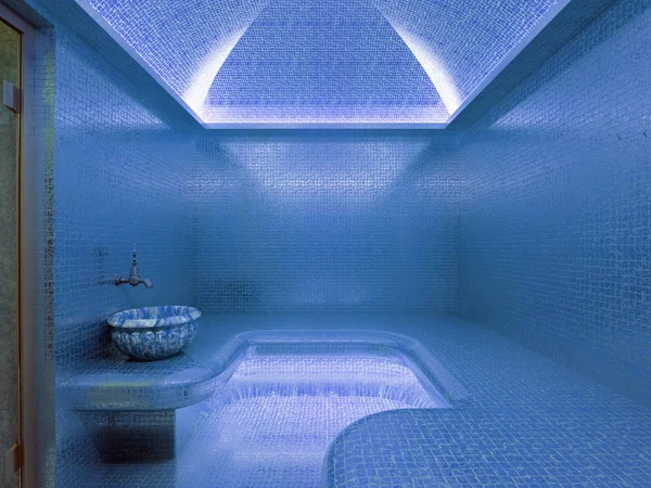 3D рендеринг интерьера роскошной голубой мозаики турецкой бани хаммам — стоковое фото