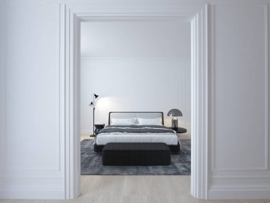 Luxury minimal white bedroom with wood floor clipart