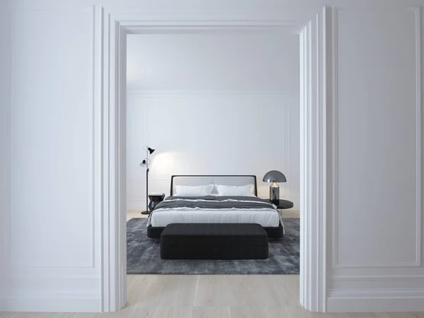 Camera da letto bianca minimale di lusso con pavimento in legno Foto Stock Royalty Free