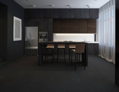 3D çizim mutfak taş cepheli