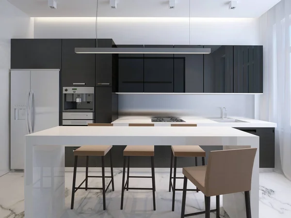 3D illustratie moderne keuken, minimalistische interieur Stockfoto
