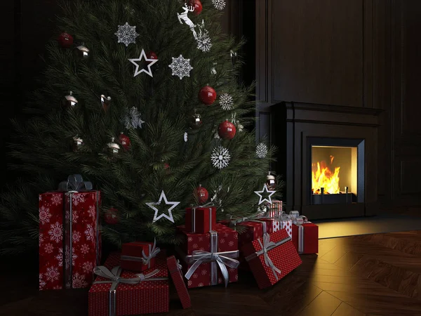 Interior de Natal, luz de lareira de árvore de Natal Imagem De Stock