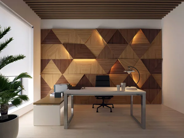 Panneaux muraux en bois de rendu 3d sur le mur et le bureau — Photo