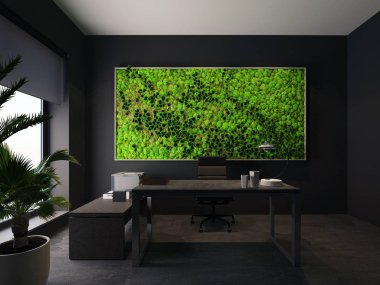 yeşil duvar modern ofis. 3D render