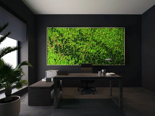 Groene wand in moderne kantoor. 3D-rendering Rechtenvrije Stockfoto's