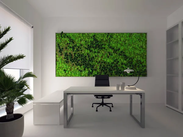 Grüne Wand im modernen weißen Büro. 3D-Darstellung — Stockfoto