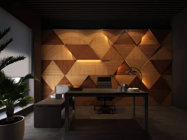 Πάνελ τοίχου από ξύλο, desktop σε μαύρο γραφείο. 3D rendering Εικόνα Αρχείου