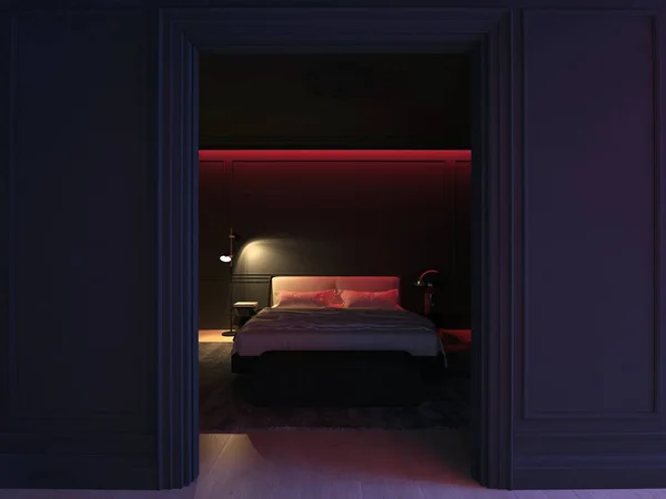 Illustrazione 3D camera da letto nera di lusso con luce sexy rossa — Foto Stock