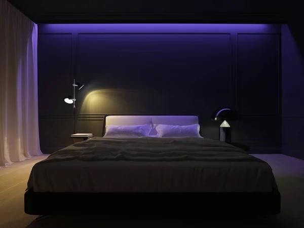 Ilustración 3D dormitorio negro minimalista de lujo con piso de madera Fotos De Stock