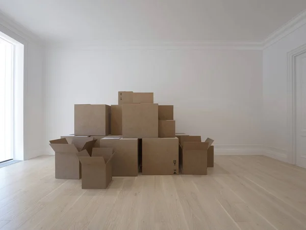 Interno con scatole di cartone imballate per trasferirsi in un nuovo posto. Immagine 3d Foto Stock Royalty Free