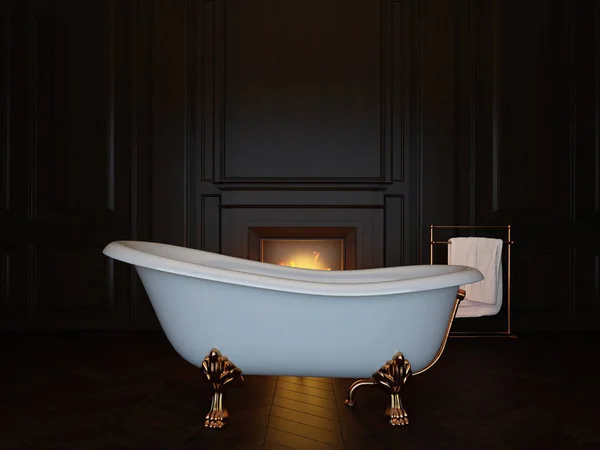 욕조와 벽난로 함께 어두운 럭셔리 욕실 인테리어입니다. 3d 이미지 — 스톡 사진