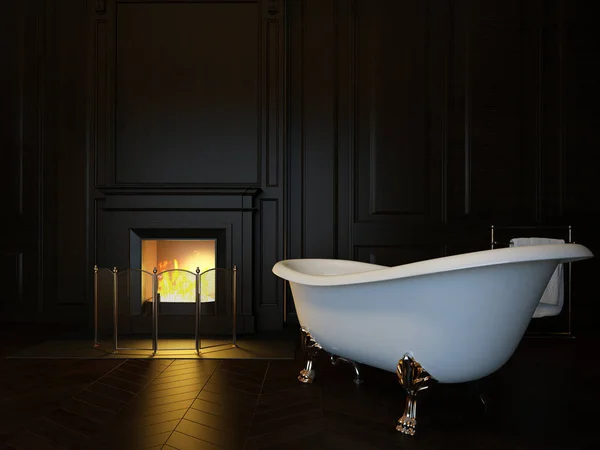 Dark luxury bathroom interior with bathtub and fireplace. 3d image — Stock Photo, Image