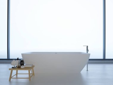 Yeni banyo penceresi ve beyaz zemin. 3D render