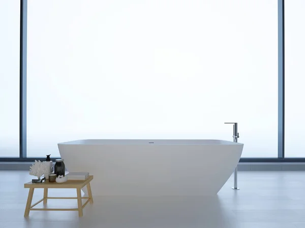 Novo banheiro moderno com janela e piso branco. Renderização 3d — Fotografia de Stock