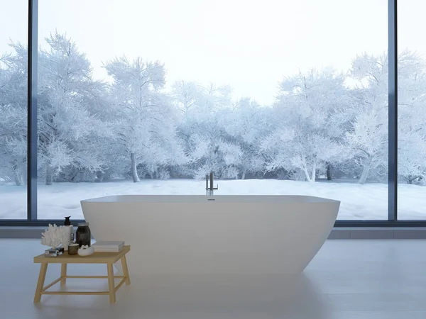 Современная минималистская ванная комната с большими окнами и прекрасным видом. 3d-рендеринг Лицензионные Стоковые Изображения